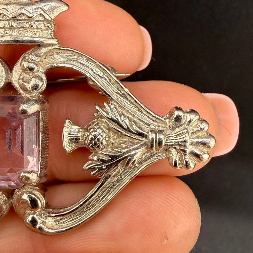 Vintage Scottish Luckenbooth Brooch Rhinestone Thistle Celtic Silver Tone